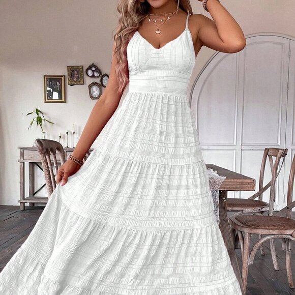 White Casual Women's Ruffle Hem Spaghetti Strap Dress - Picture 4 of 7